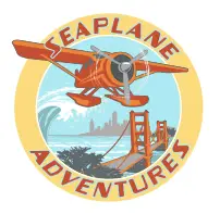 A vintage-style logo featuring an orange seaplane flying over water with a city skyline and a red bridge in the background. The text "Seaplane Adventures" encircles the image, with "Seaplane" at the top and "Adventures" at the bottom.