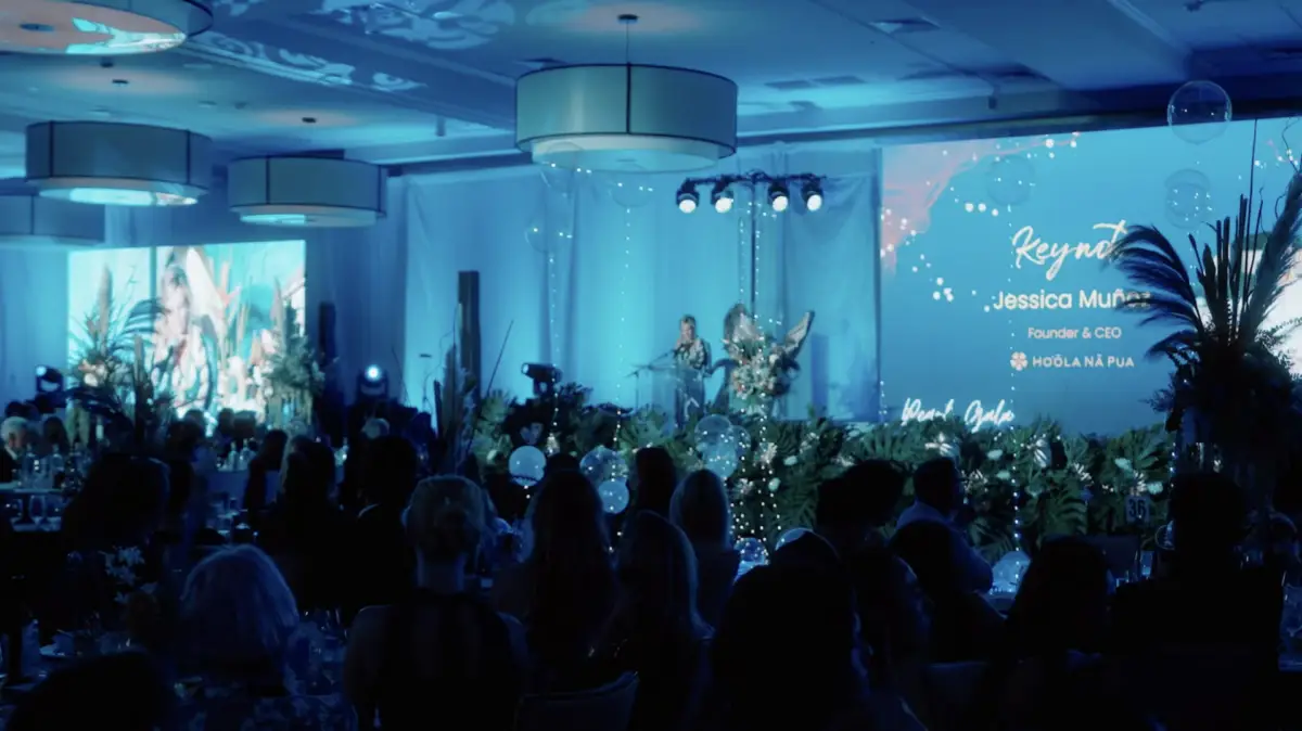 A dimly-lit event hall with an audience seated at tables, watching a staged presentation. The stage features blue lighting, decorative plants, and a screen displaying "Jessica Muñiz, Founder & CEO." Performers with musical instruments are also on stage. It's all part of the celebrated Ko Olina Annual Events.