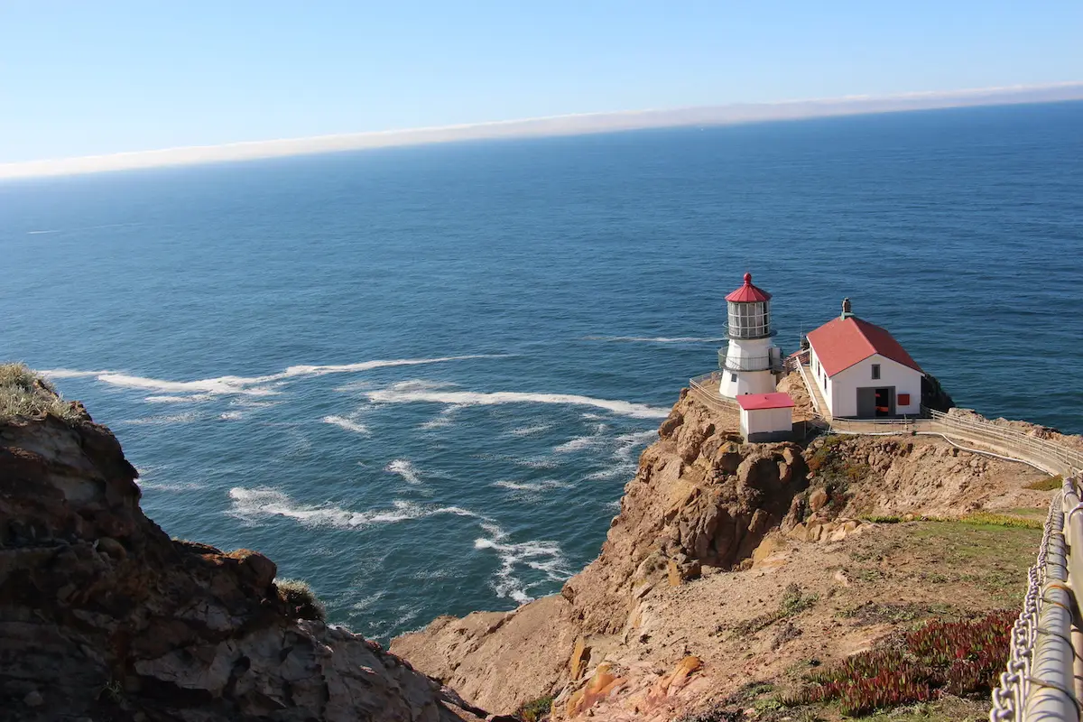 Lighthouse on a bluff at Point Reyes in California.