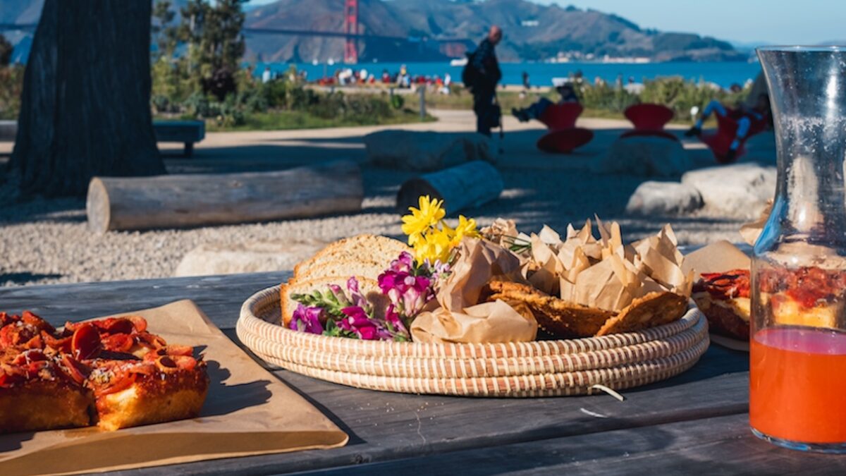 Il Parco's happy hour set up overlooking the Golden Gate Bridge.
