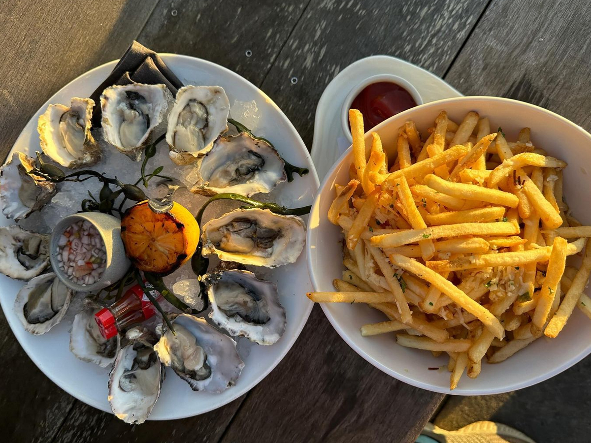 A wooden table holds a plate of fresh oysters on ice, garnished with lemon and a small sauce in a container, accompanied by a bowl of seasoned French fries with diced herbs and garlic. The setting is illuminated by warm natural lighting, epitomizing the Best Dinner on the Sonoma Coast.