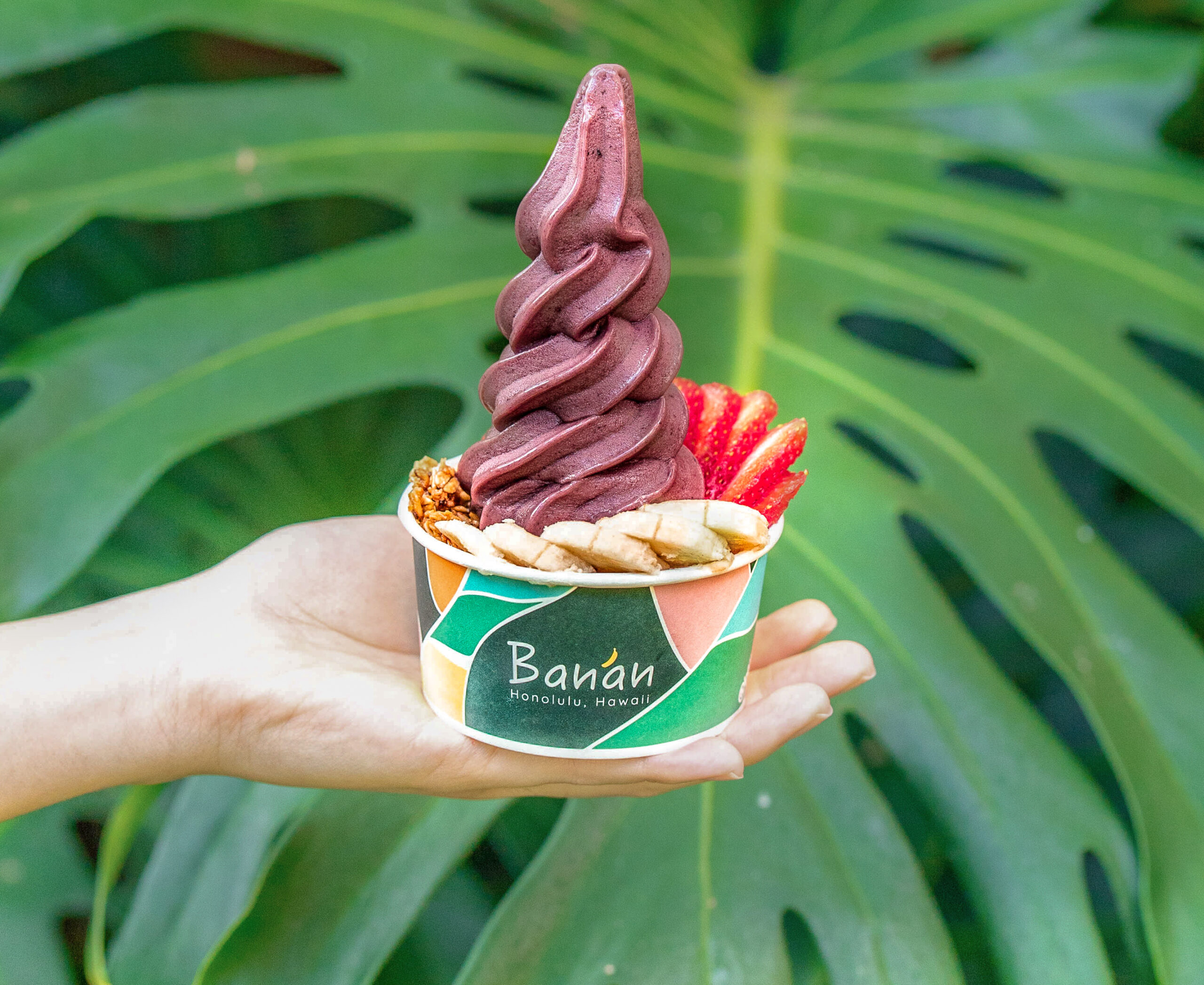 A hand holding a colorful cup labeled "Banan, Honolulu, Hawaii," filled with dark purple soft-serve ice cream, garnished with fresh banana slices, red strawberry slices, and granola, with a lush green monstera leaf in the background. For those wondering about dessert options on where to eat in the Bay Area.