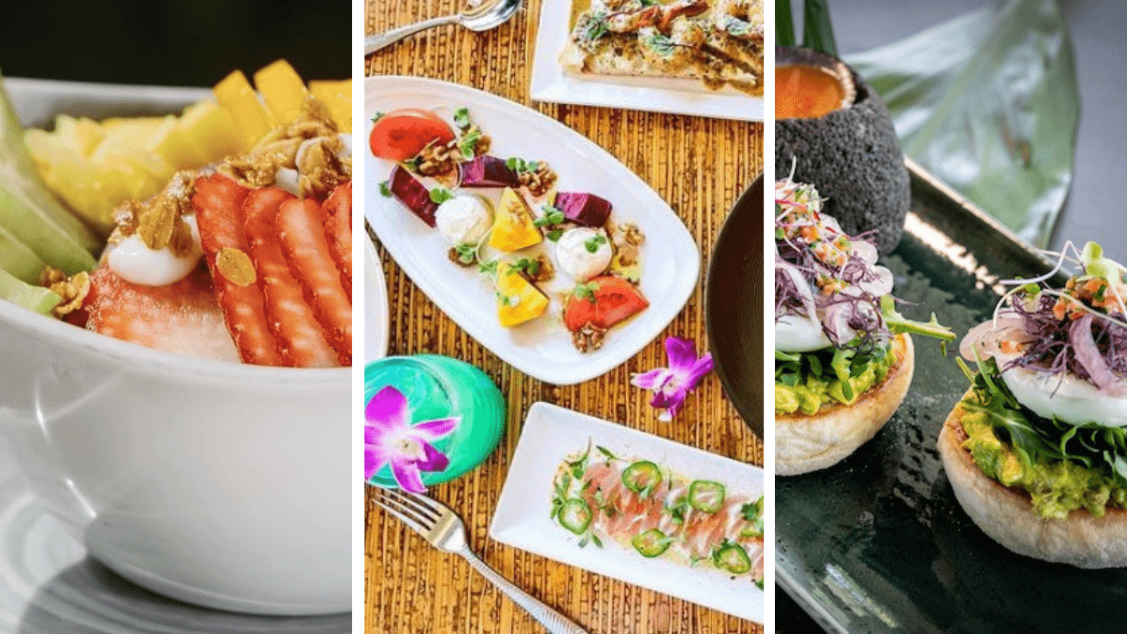 A collage of three food images: on the left, a bowl of sliced fruits and granola; in the middle, a spread of colorful appetizers including tomatoes, cheese, and herbs; on the right, gourmet open-faced sandwiches topped with greens and sprouts on a slate platter.