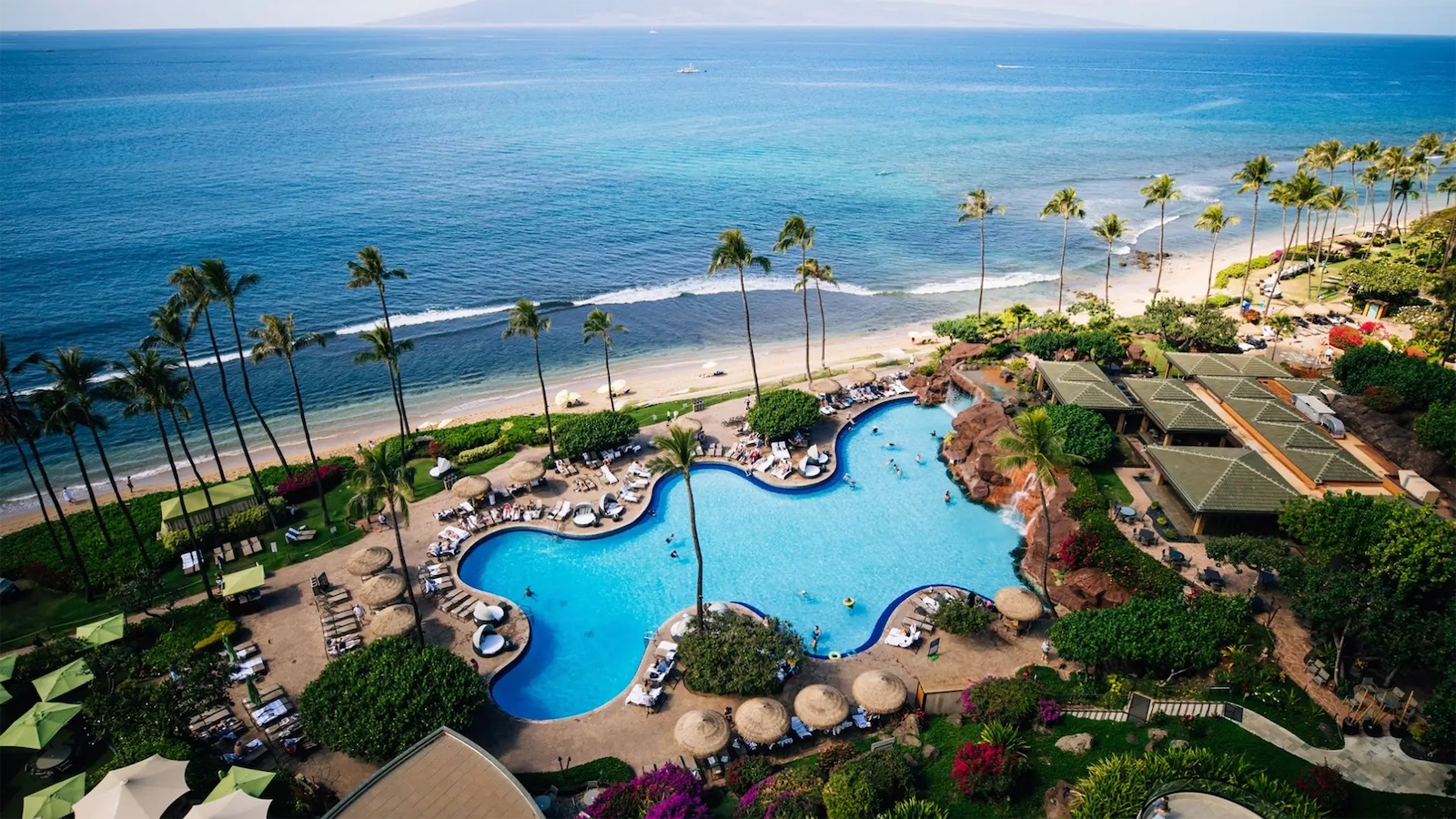 Aerial view of a tropical resort featuring a large, uniquely shaped swimming pool surrounded by lounge chairs and thatched umbrellas. The resort is bordered by palm trees and overlooks a sandy beach and calm, blue ocean waters under a clear sky.