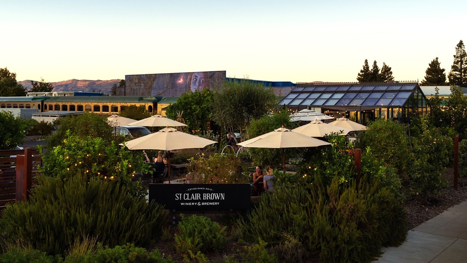 A garden setting with tables and sun umbrellas at St. Clair Brown Winery & Brewery in Napa Valley. There are people seated at the tables amidst lush greenery, lit string lights, and a backdrop of hills and trees. A vintage train car is visible to the left in this dog-friendly space.