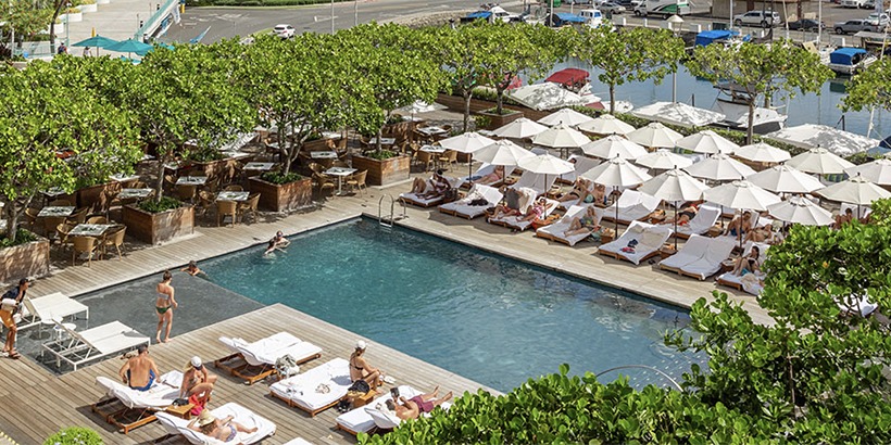 An overhead view of a pool area surrounded by greenery and lounge chairs. People are sunbathing on the chairs, some under white umbrellas, while others enjoy the pool. There is a mix of shade and sun, and the setting appears relaxed and inviting.