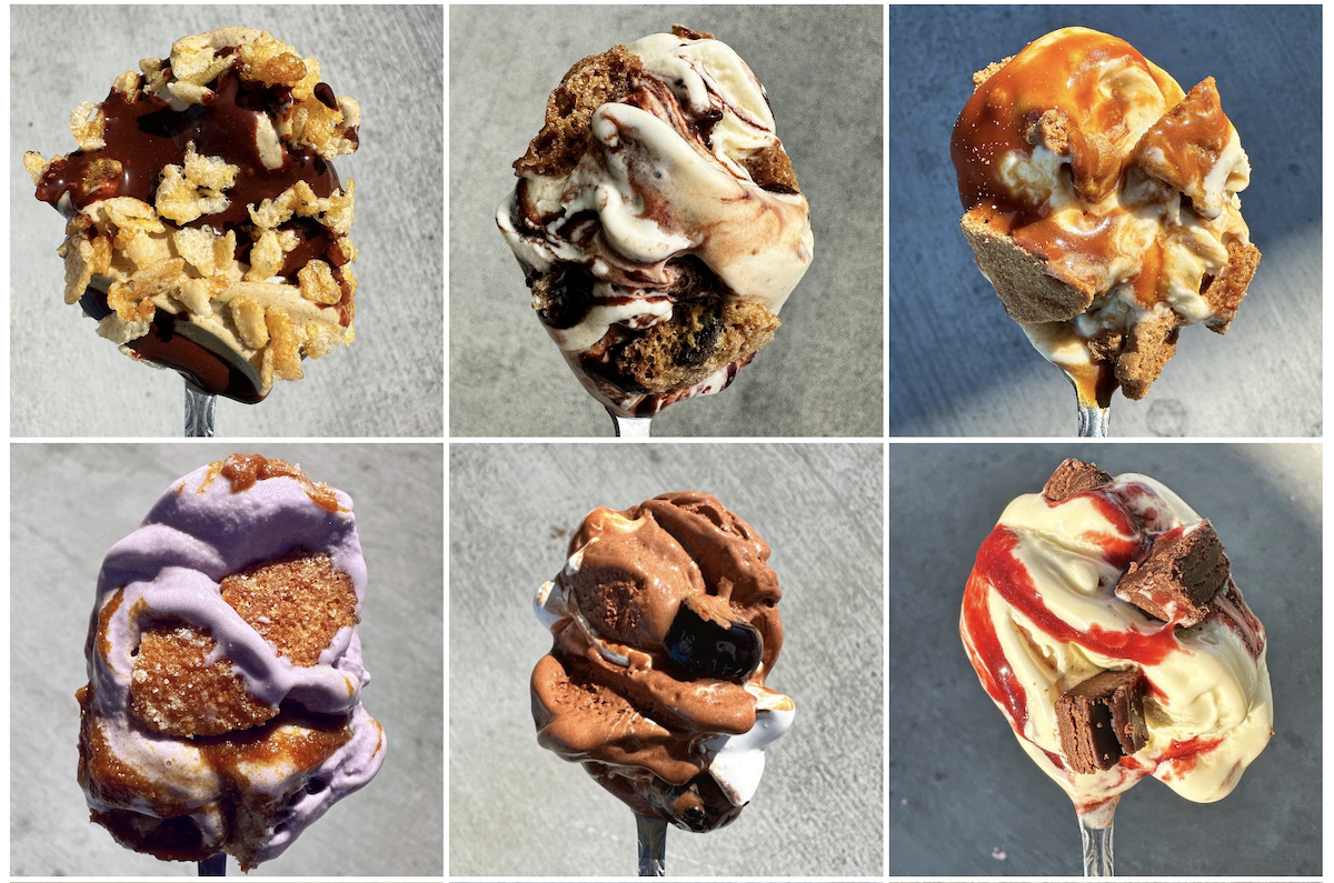 A grid of six close-up images showing various ice cream flavors on spoons. The flavors include caramel with crispy toppings, a swirl of vanilla and chocolate, caramel with bread pieces, purple yam with a crumbly topping, chocolate with dark chunks, and vanilla with strawberry sauce and chocolate pieces.