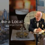 Image featuring a collage with sea lions on a dock, a close-up of coffee with cream, and a busy street market buzzing with life. Text on the left reads "Travel Like a Local - Concierge Corner." Inset photo on the right shows an elderly man dressed formally, seated at a table. Experience fall in San Francisco like never before.