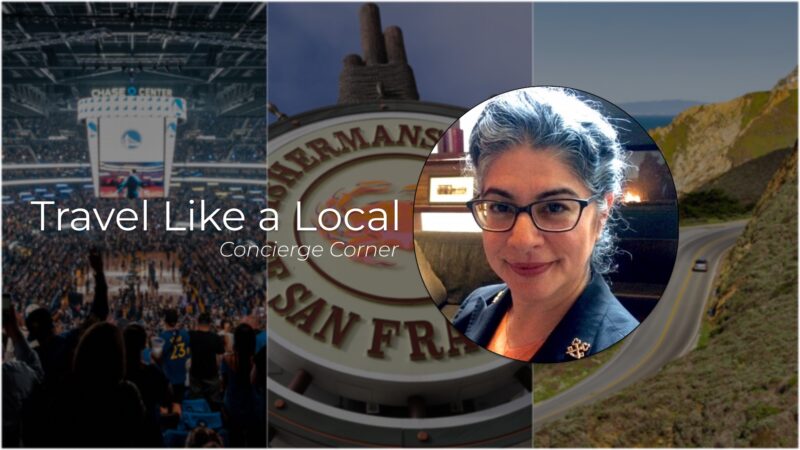 Headshot of Concierge Liz Baca Pryfogle superimposed on collage of a Warriors Game, Fisherman's Wharf and Devil's Slide on Highway 1