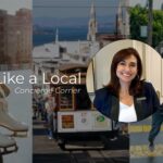 Concierge Michelle Arce's headshot superimposed onto collage of woman with ice skates at Union Square, a cable car in Russian Hill and a couple crossing the street in rainy San Francisco Neighborhood