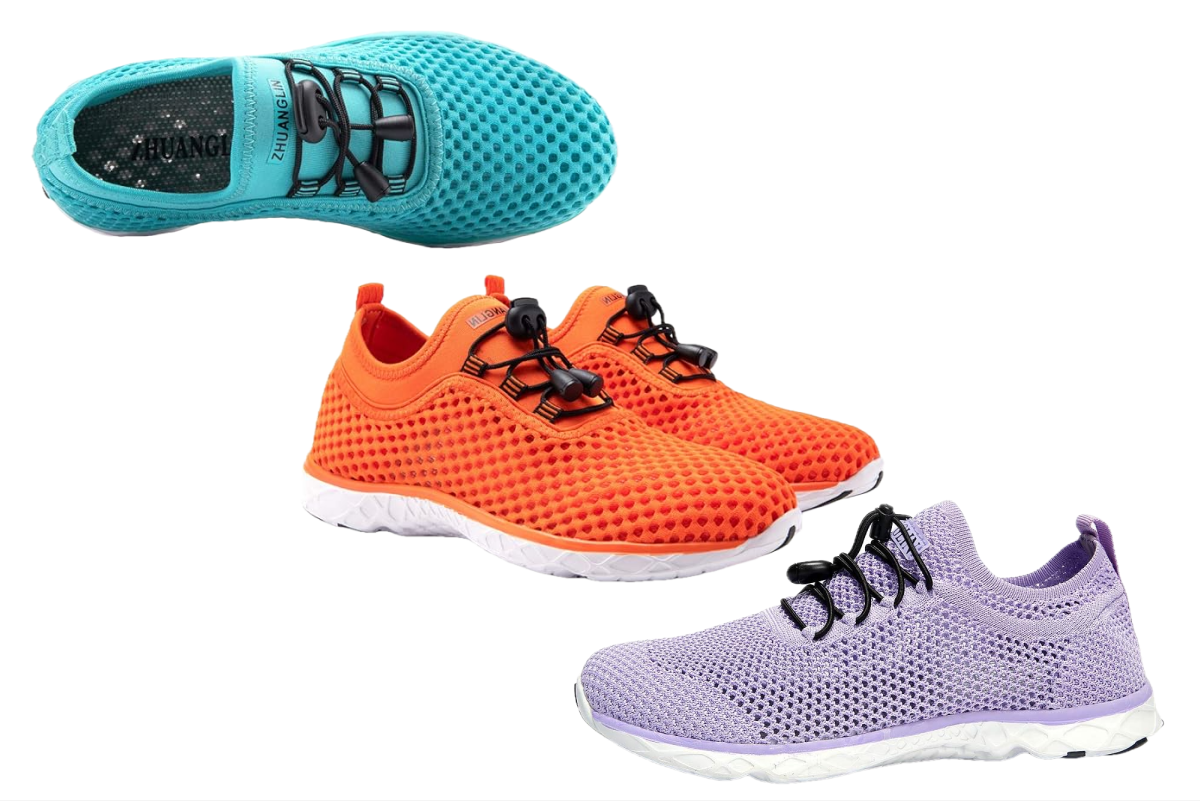 Image shows a single turquoise sneaker, a pair of orange sneakers, and a single violet colored sneaker