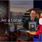 Collage of images including fireworks over San Francisco, city skyline from a restaurant, and tree lighting at Thrive City, with image of concierge Ric Lee superimposed with text: Travel like a local, concierge corner