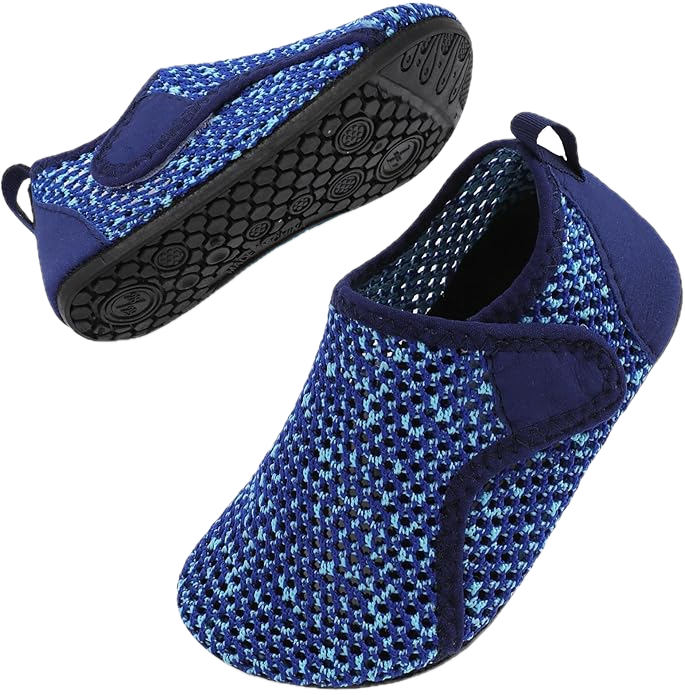 A pair of bright and navy blue slip on shoes with a velcro strap.