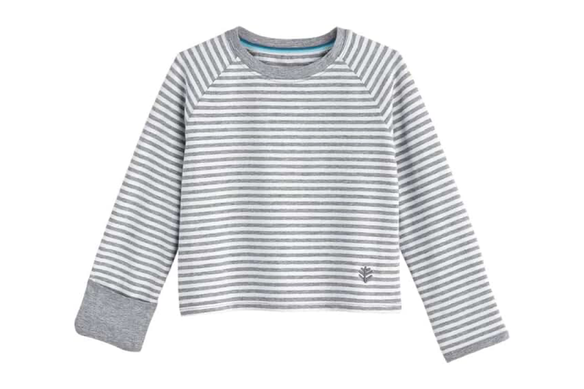 A long sleeve shirt with grey and white horizontal stripes and solid grey cuffs and collar.