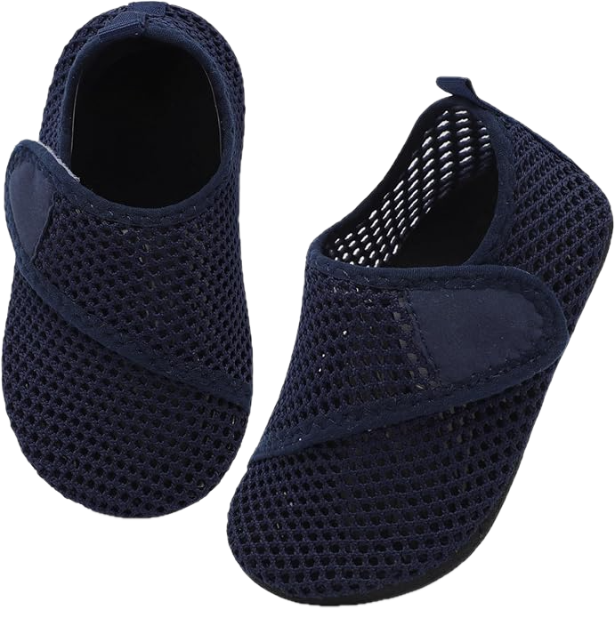 A pair of navy blue mesh water shoes with a velcro strap.