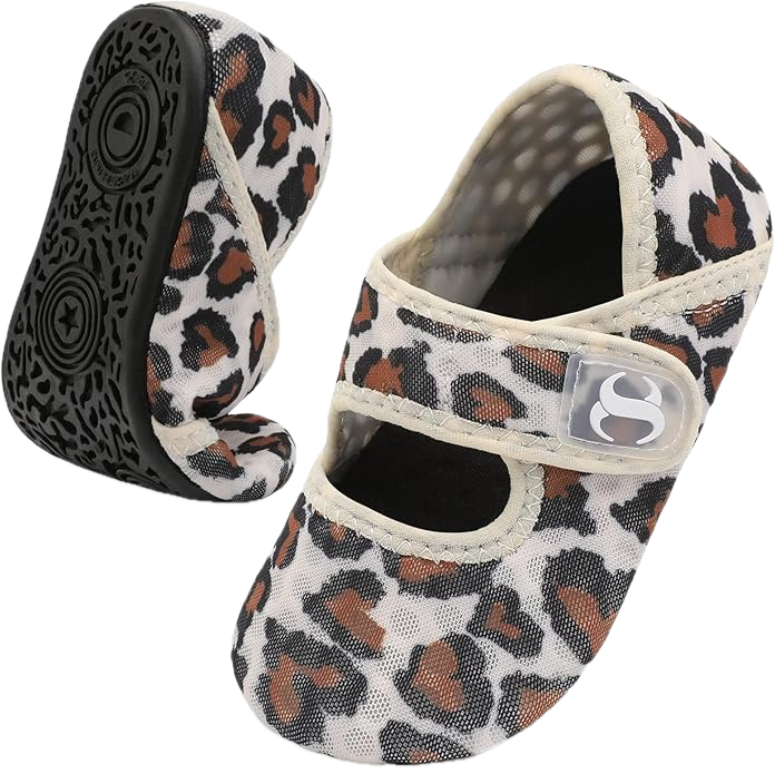 Off-white, cheetah print shoes with a velcro strap.