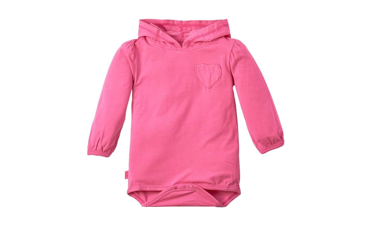 A long sleeve onesie in the color pink, with a hoodie and heart detail on the upper left chest.