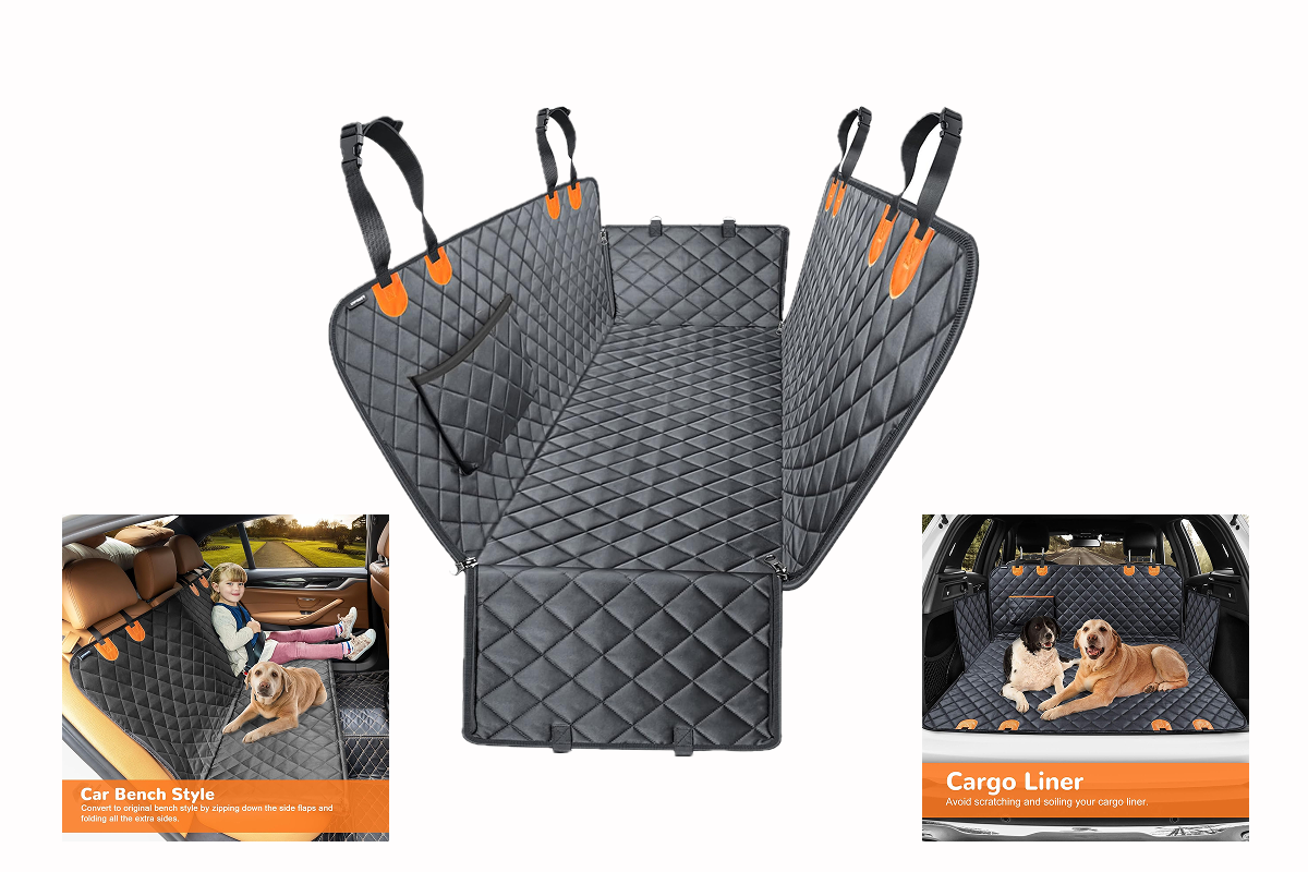 A car seat cover showing a girl and a dog, and two dogs.
