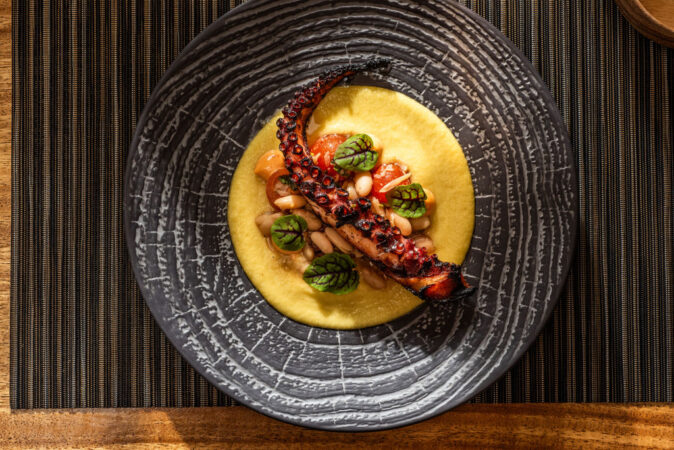 A black plate with yellow sauce, beans, tomato, leaves and a charred octopus tentacle.