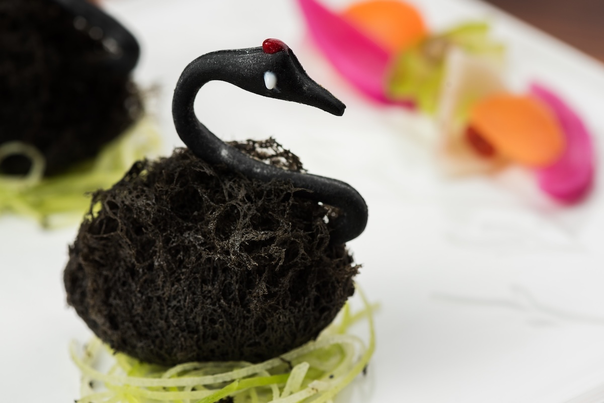 A black sponge-like food forms the body of an edible swan on a bed of green edible grass.