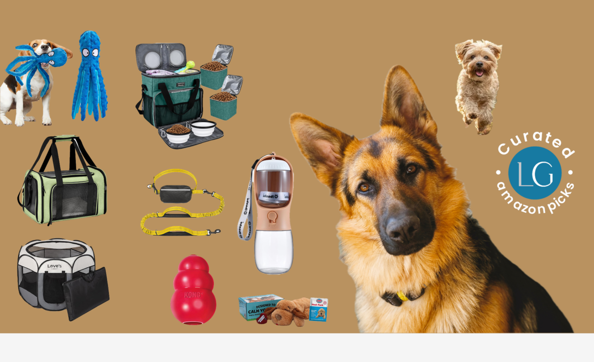 A German shepherd, and a small white dog are surrounded by a collection of travel-related dog items, including a pet tent, a food storage system, a travel water dispenser, a leash, an octopus toy, a dog toy, and a red Kong.