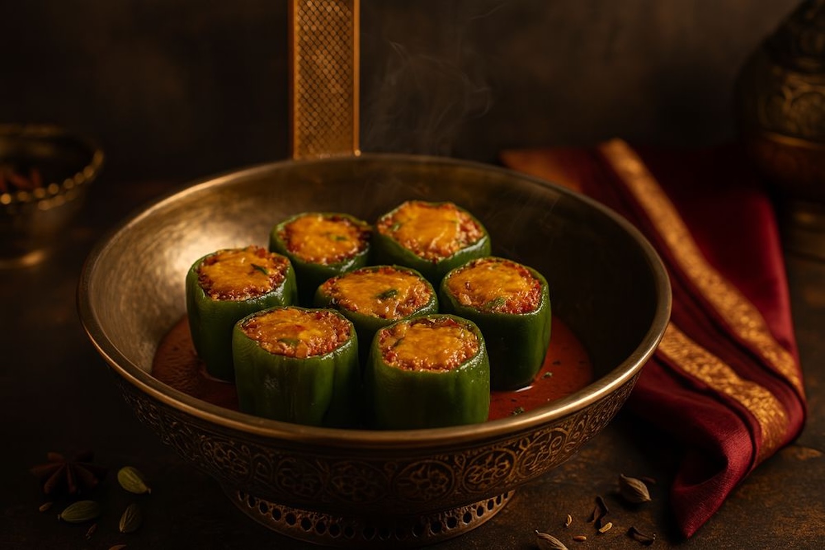 Stuffed green bell peppers in a copped bowl.