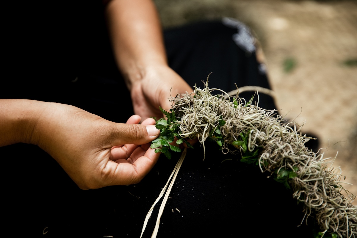Closeup traditional lei making