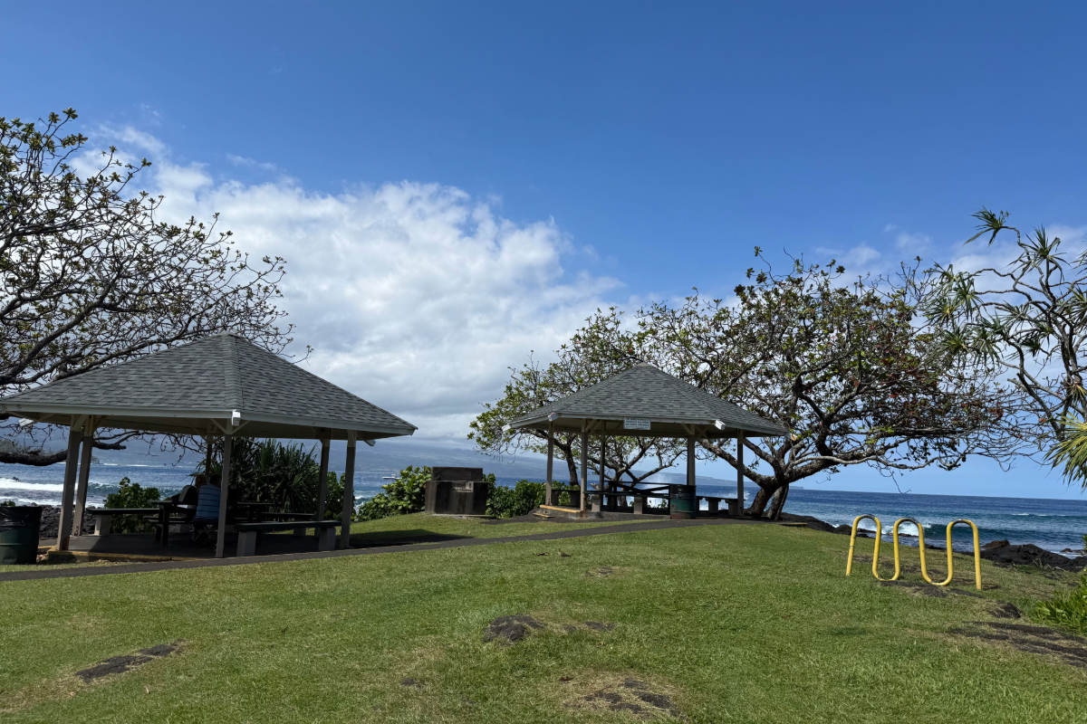 Covered picnic pavilions at Waiuli Beach Park overlooking the ocean, with green grass, trees, and partly cloudy blue skies.