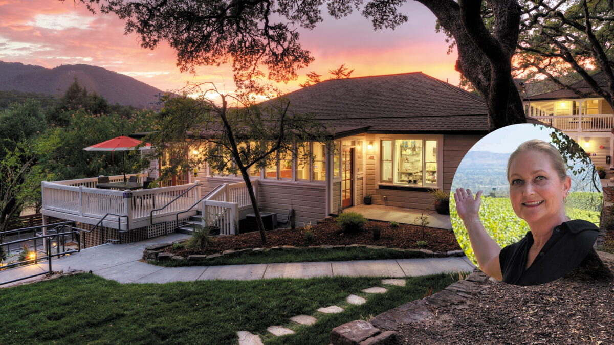 A cozy, well-lit house at sunset with hills behind it, and an inset photo of a smiling woman outdoors.