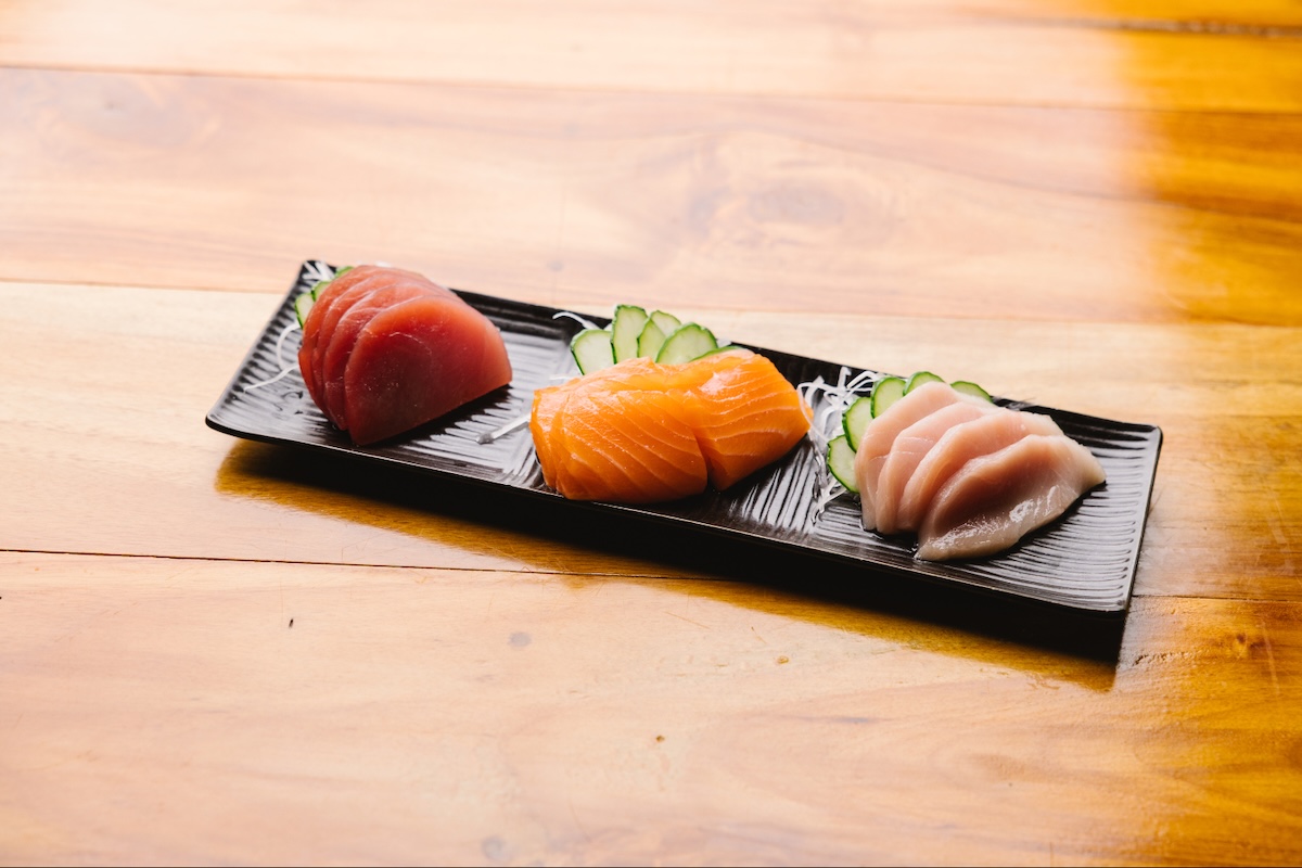 Three different pieces of sushi.