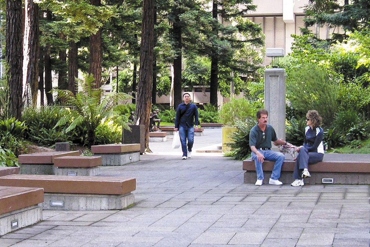 Several individuals seated on benches, socializing and relaxing in a public space surrounded by greenery.