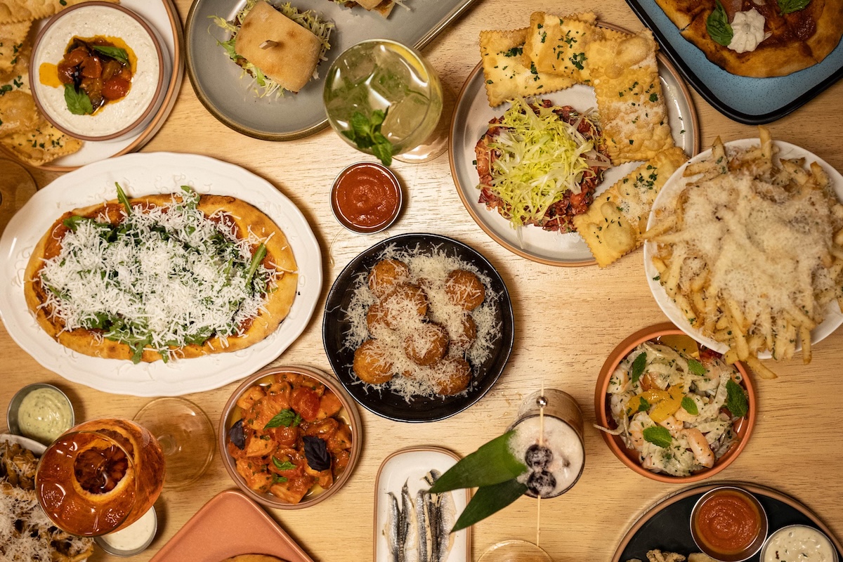 An aerial shot of plates of food.