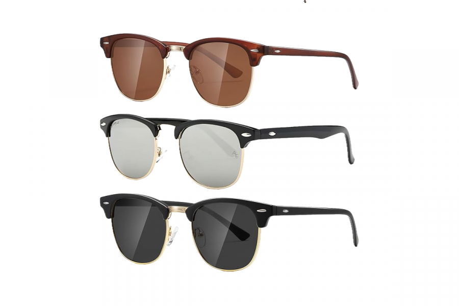 Aevogue Three pairs of sunglasses: The first has a brown frame with brown lenses. The second has a black frame, clear lenses, and gold trim. The third has a black frame with black lenses.