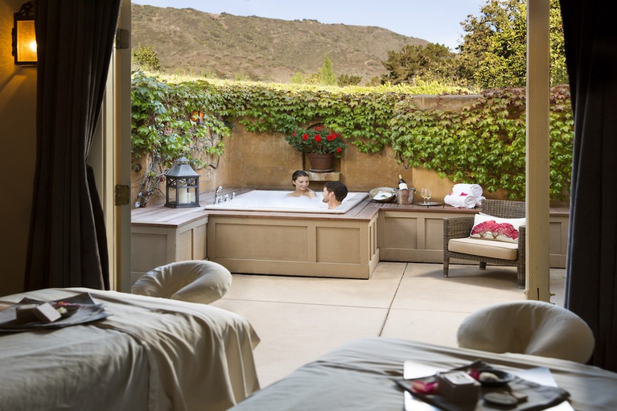 Hot tub on the patio of a hotel room at Bernardus Spa in Carmel, California.