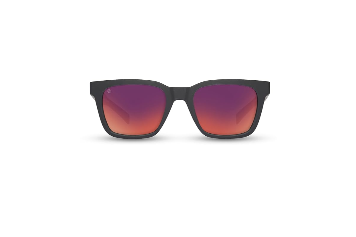 Image shows sunglasses with a black plastic frame and red lenses.