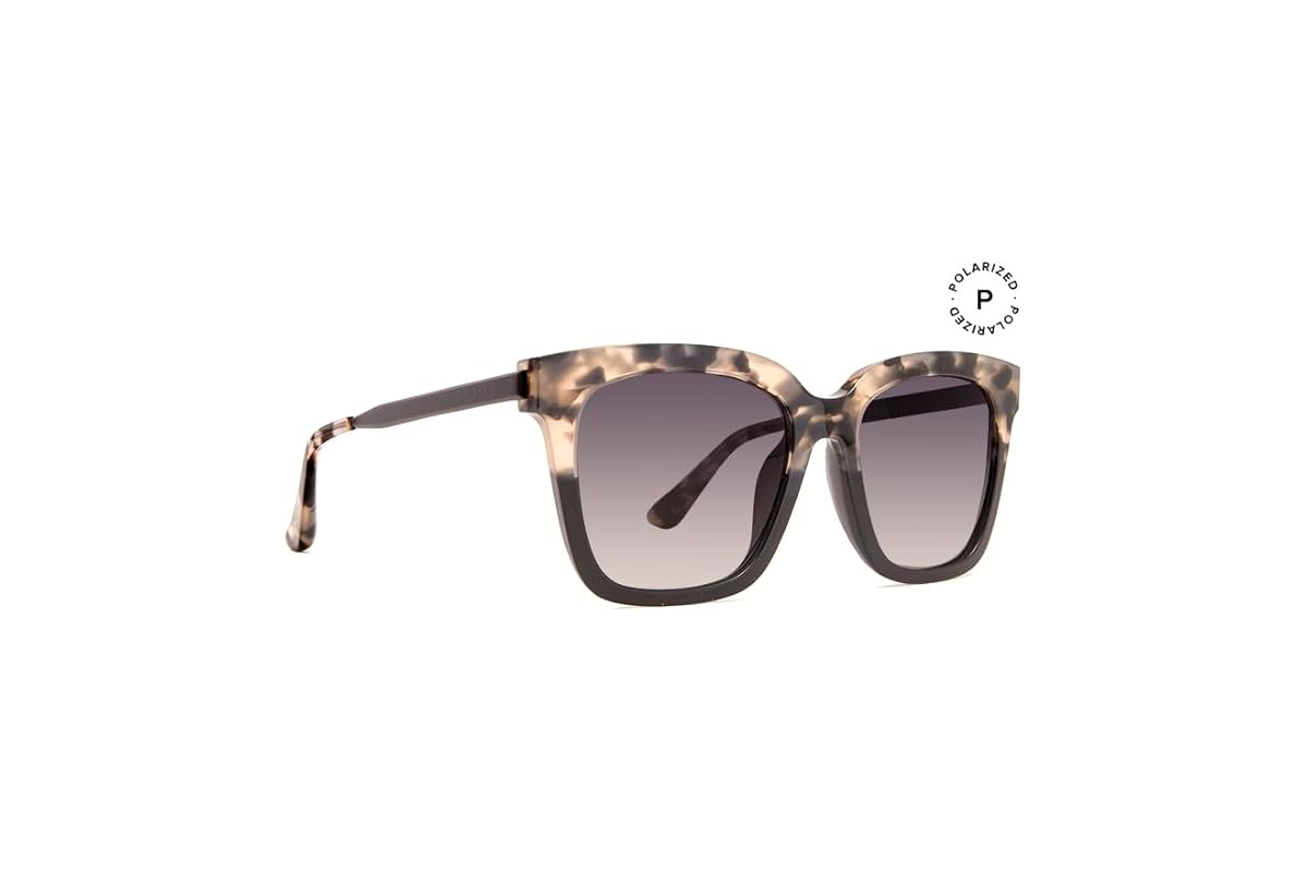 Sunglasses with faded grey tortoise frames.