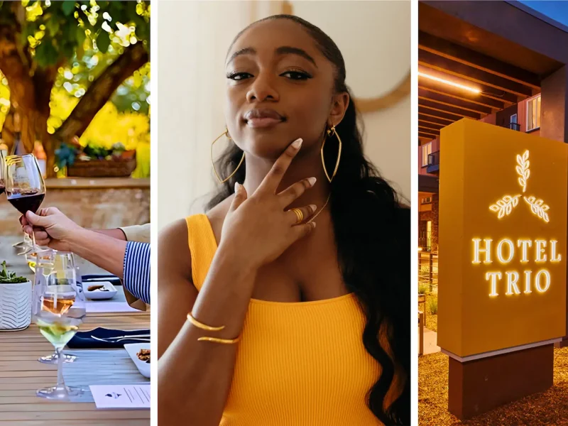 A three-part image: on the left, people clinking wine glasses at an outdoor table; in the middle, a woman in a yellow top touching her chin with a thoughtful expression; on the right, the illuminated entrance sign of "Hotel Trio" with the building in the background at dusk—perfect for a local getaways sweepstakes.