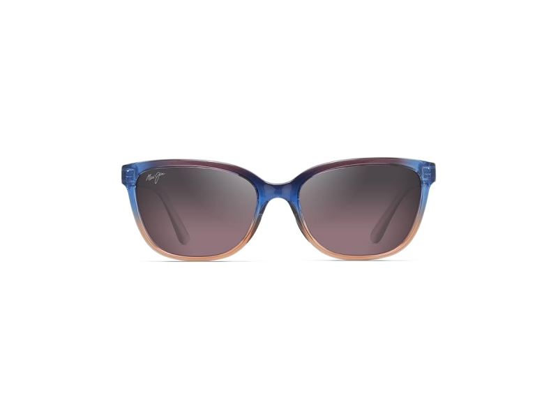 This image features a pair of sunglasses with a multi-colored frame with the colors blue and pink.