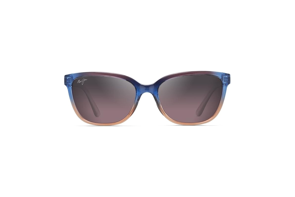 This image features a pair of sunglasses with a multi-colored frame with the colors blue and pink.