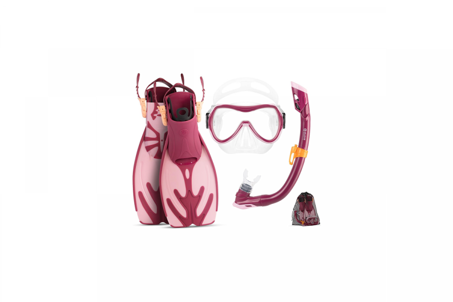 A pink and red snorkel, mask, fin set and mesh bag.