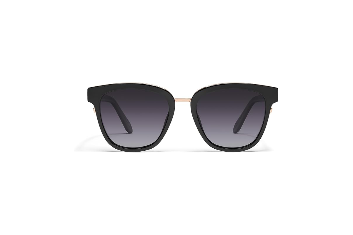 Image of square, cateye style sunglasses with black lenses.