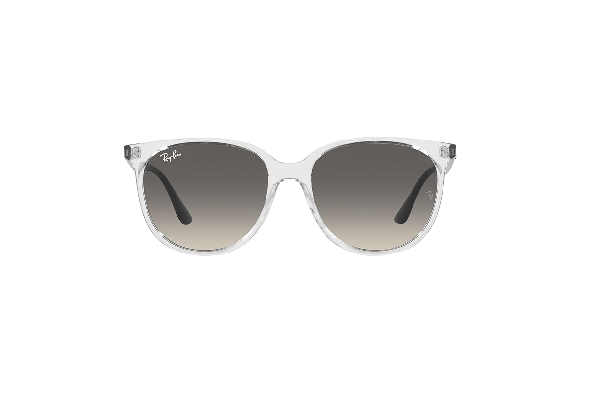 This is an image of a pair of women's sunglasses with a transparent frame and grey gradient lenses.