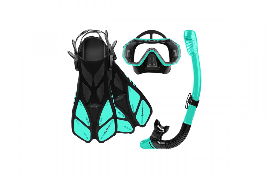 A three piece snorkeling set, including fins, a mask and a snorkel in teal and black.