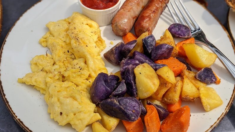 A plate of eggs, sausage and potatoes for brunch in Berkeley