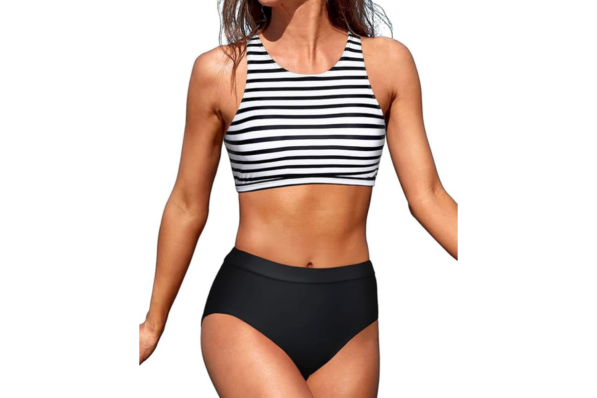 This image features a woman's torso with a black and white striped bikini top and a solid black bikini bottom.