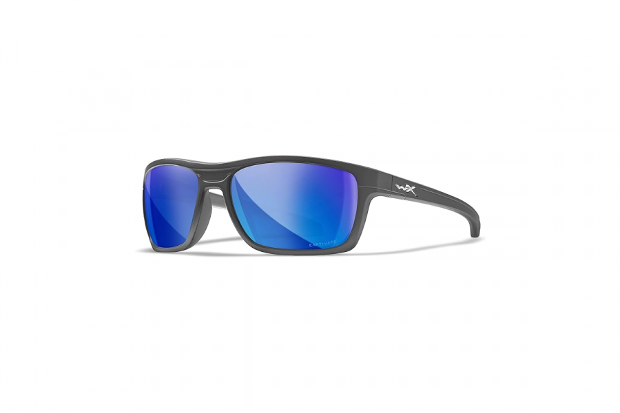 Image shows a pair of sunglasses with graphite colored frames and blue lenses.