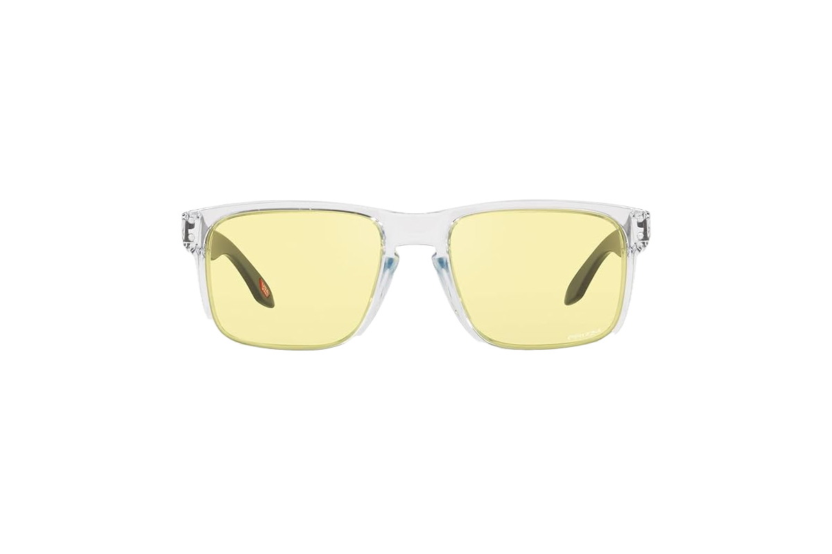 A pair of transparent rectangular men sunglasses with yellow-tinted lenses is shown. The frame boasts a sleek and modern design, while the temples are solid with a dark color on the inner side.